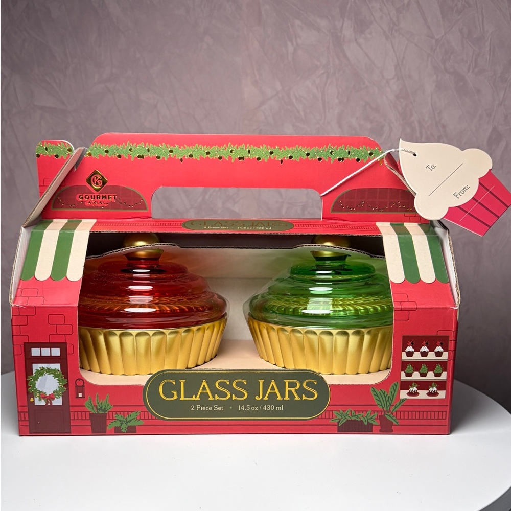 Gourmet Kitchen Glass Cupcake Jars Set - Red, Green, and Gold - Picture 2 of 7